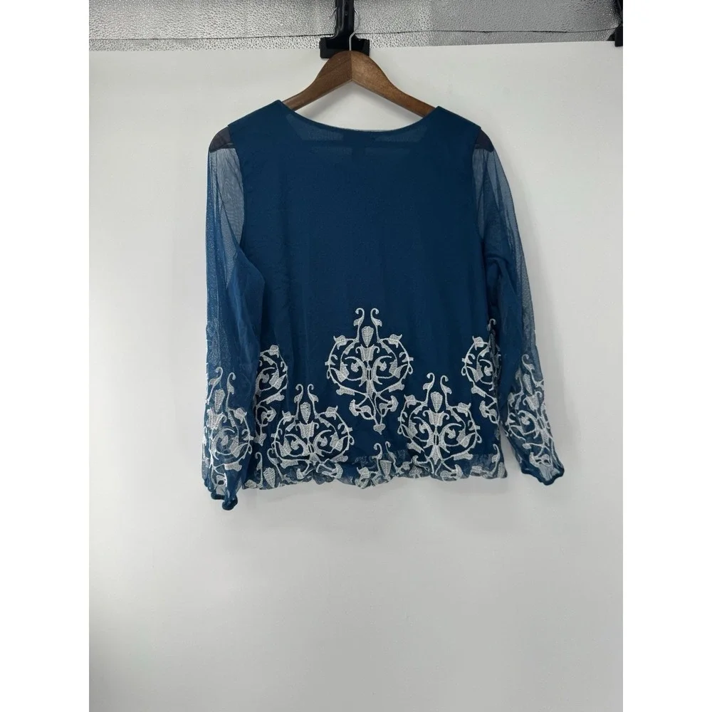 Alfani Blue Sheer‎ Sleeve Embroidered Blouse Fairy Romantic Whimsical Coquette